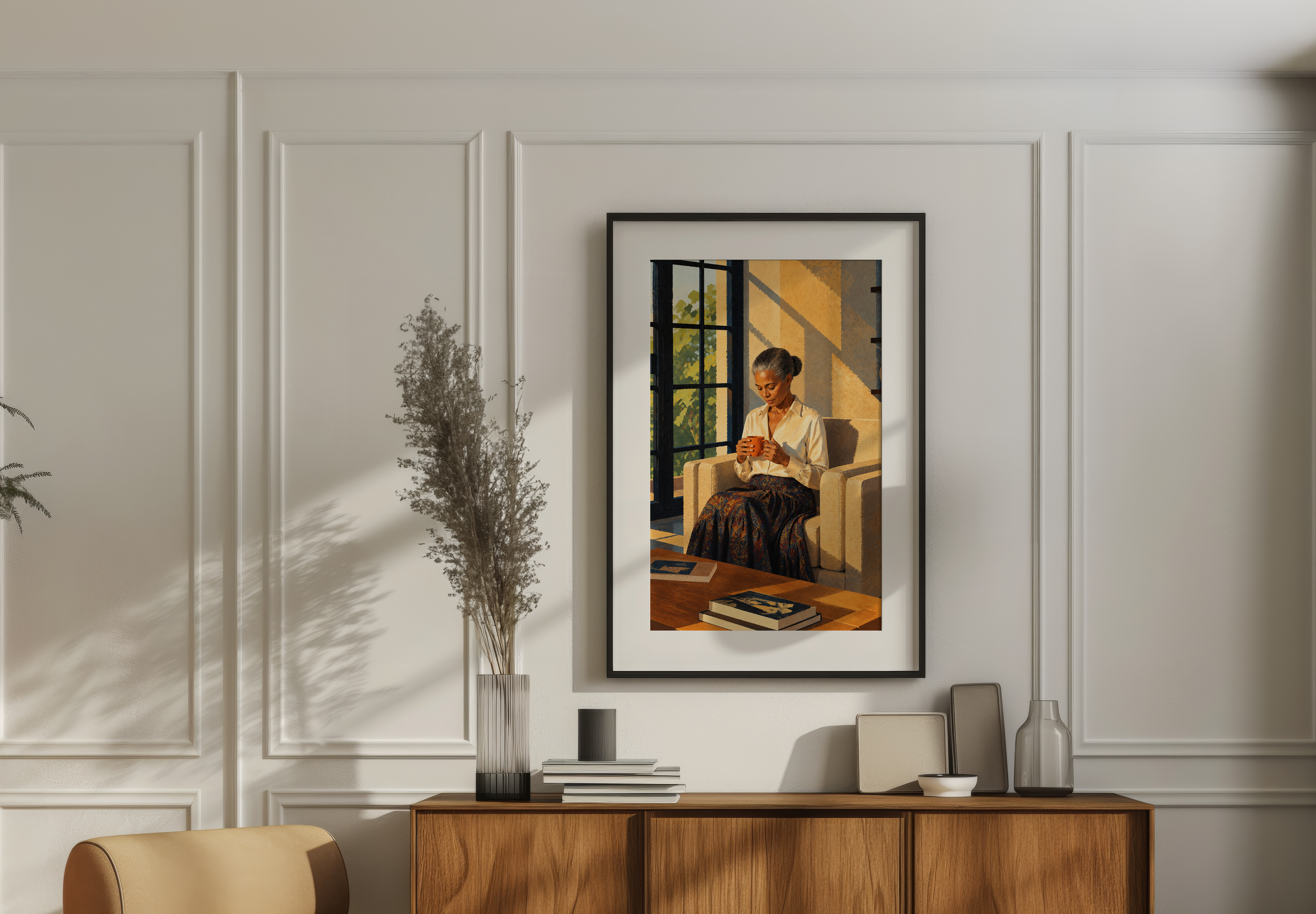 A sunlit interior with a framed painting of a woman holding a cup.